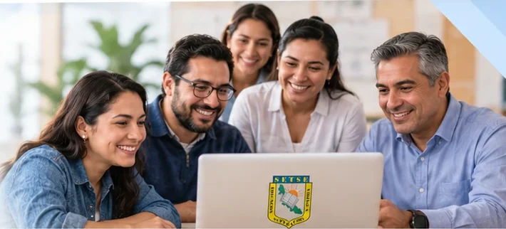 Afiliados del sindicato revisando la app en una computadora